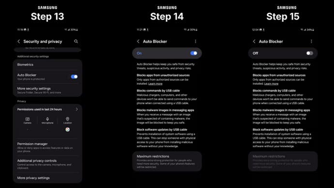 Epic Games slideshow showing steps to install on Samsung devices, including switching off Auto Blocker.