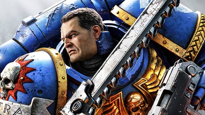 A Warhammer 40,000 character in his big chunky blue armour.