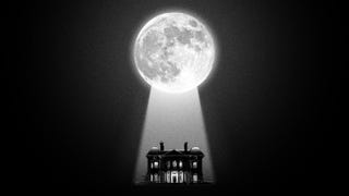 Viola's Room artwork showing a full moon casting a spotlight downwards onto a dolls' house-style mansion, creating the overall shape of a keyhole.