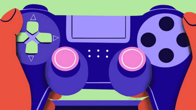 Artwork showing hands holding a game controller.
