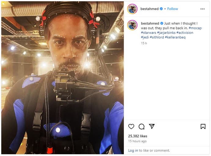 Ahmed Best's Instagram post referencing Activision, showing him in a performance capture suit staring at the camera.