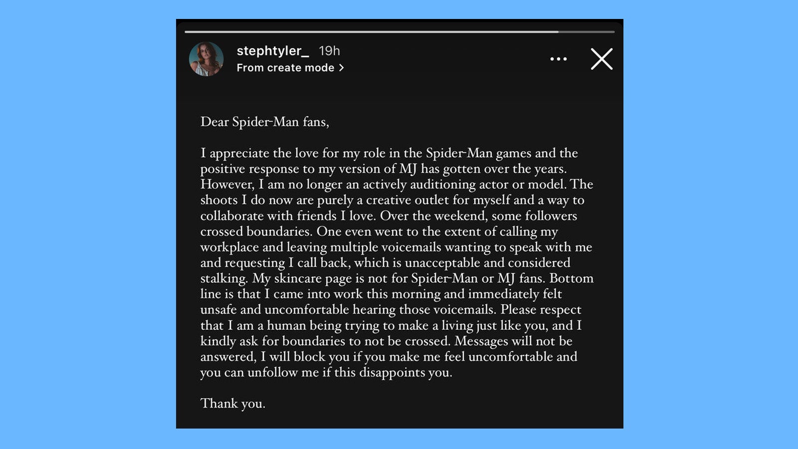 A statement from the face model of Mary Jane in Marvel&rsquo;s Spider-Man games calling out fans for their behaviour.