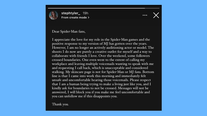 A statement from the face model of Mary Jane in Marvel’s Spider-Man games calling out fans for their behaviour.