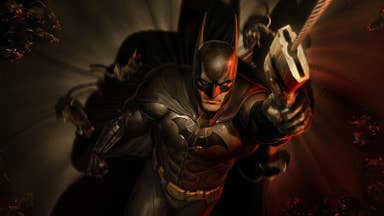 Batman uses his grapple gun to zip upwards in this Arkham Shadow image.