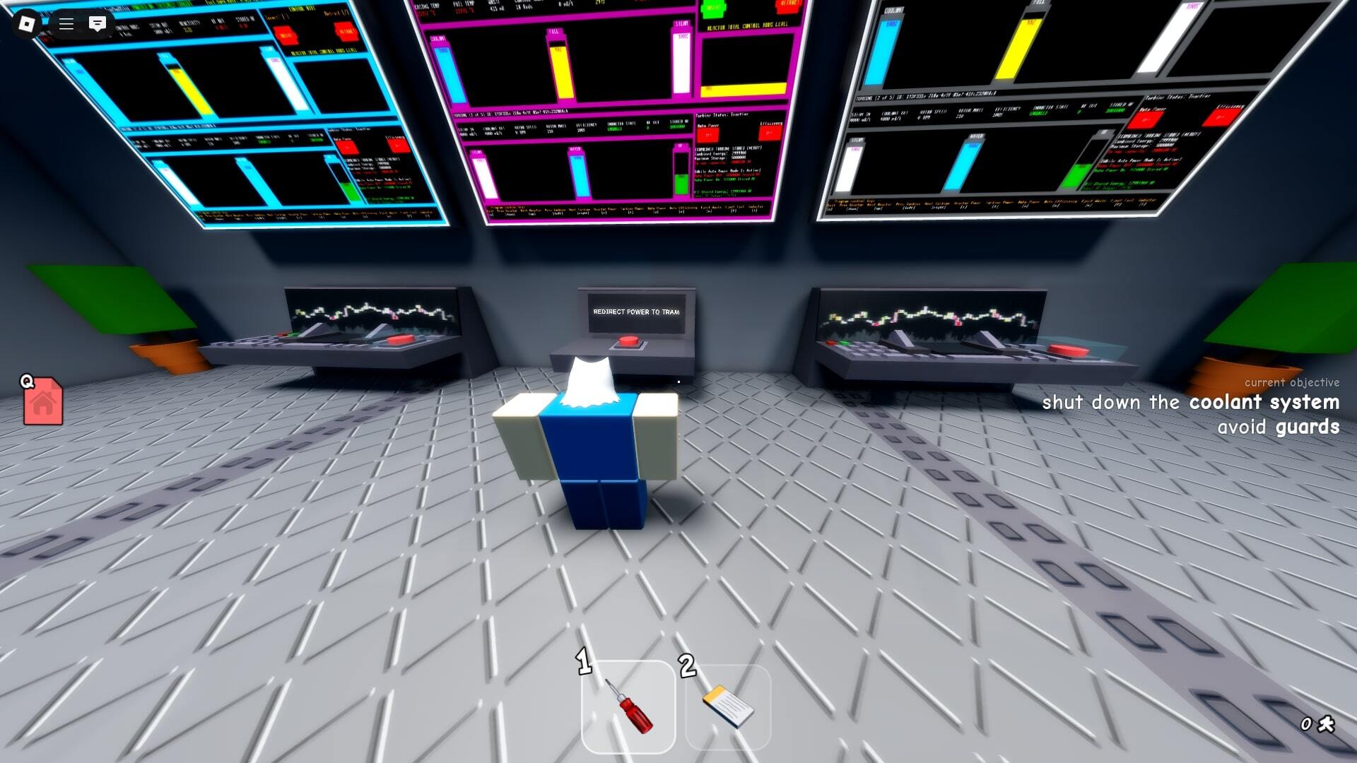 The player stands in front of a control panel in a control room in Roblox's Untitled Tag Game, as part of The Hunt quest - 8