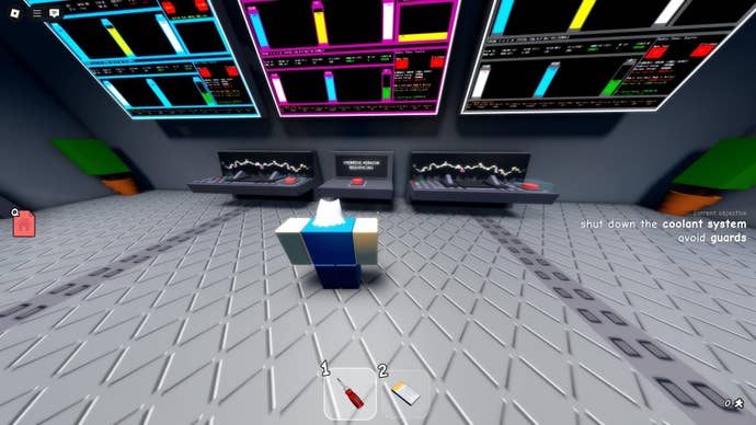 The player stands in front of a control panel in a control room in Roblox’s Untitled Tag Game, as part of The Hunt quest
