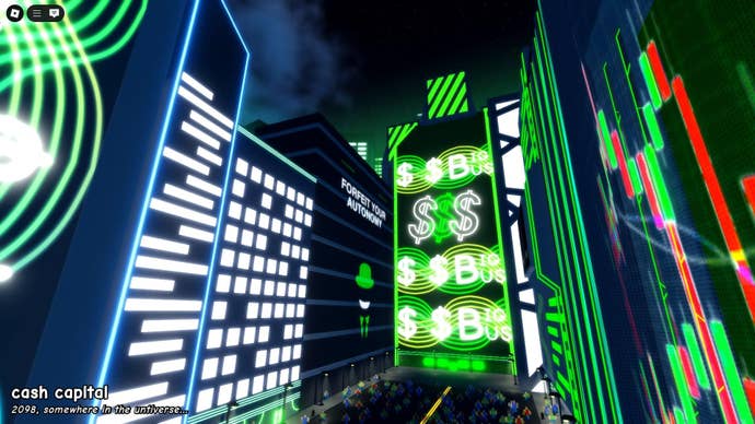 The player is transported through a futuristic city in Roblox’s Untitled Tag Game