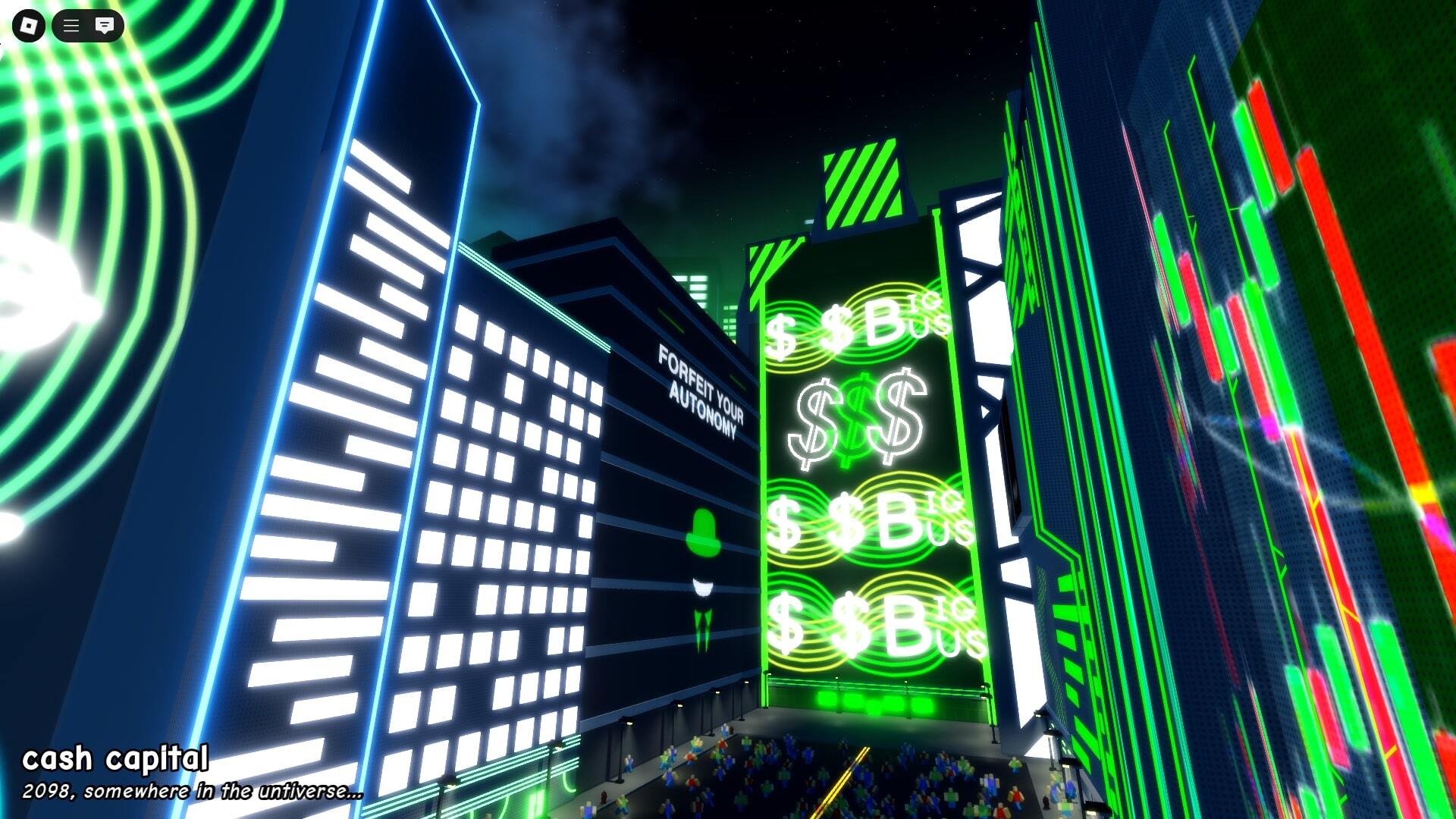 The player is transported through a futuristic city in Roblox's Untitled Tag Game - 1