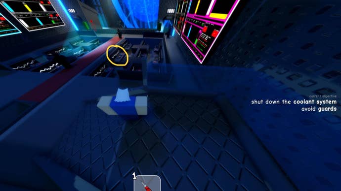 The player looks towards a room full of guards, computers, and an orange keycard in Roblox’s Untitled Tag Game