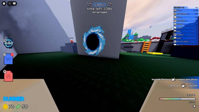 The player looks at a portal on a wall in Roblox’s Untitled Tag Game