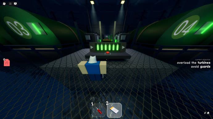 The player looks at a control panel, showing that all turbines are full, in Roblox’s Untitled Tag Game