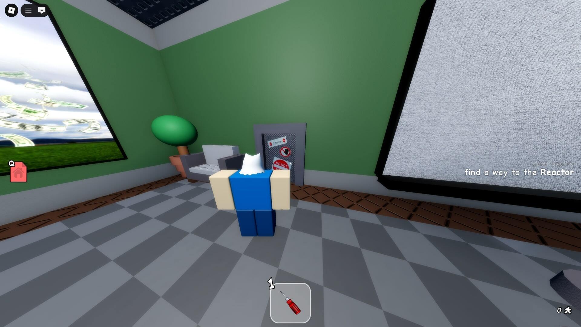 The player looks towards a vent in the break room of a facility in Roblox's Untitled Tag Game - 5