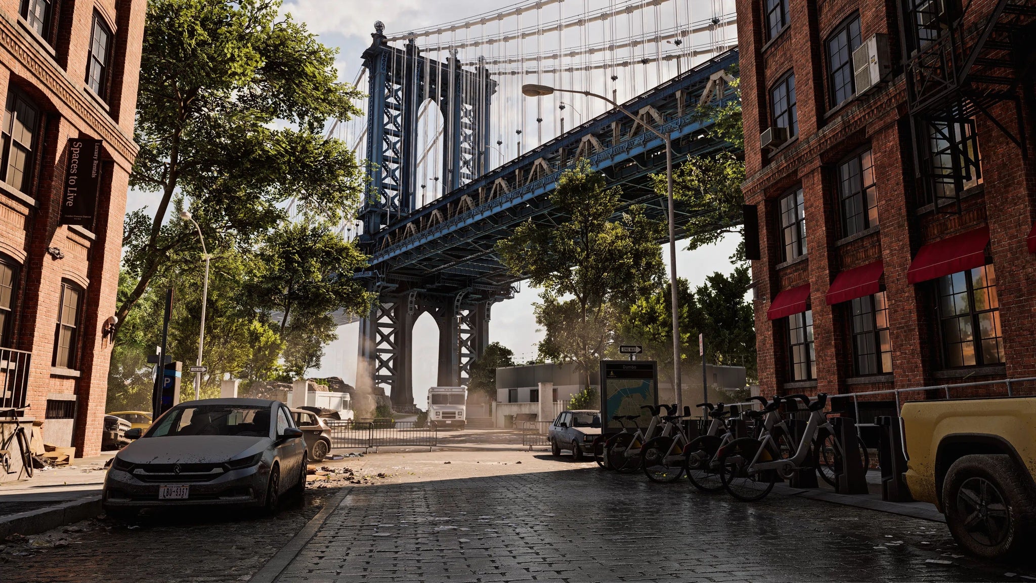 A New York street with parked cars in the shadow of Brooklyn Bridge and some green trees, from Battlefield 6. Surprisingly peaceful, with no soldiers about. - 4