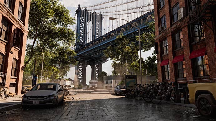 A New York street with parked cars in the shadow of Brooklyn Bridge and some green trees, from Battlefield 6. Surprisingly peaceful, with no soldiers about.