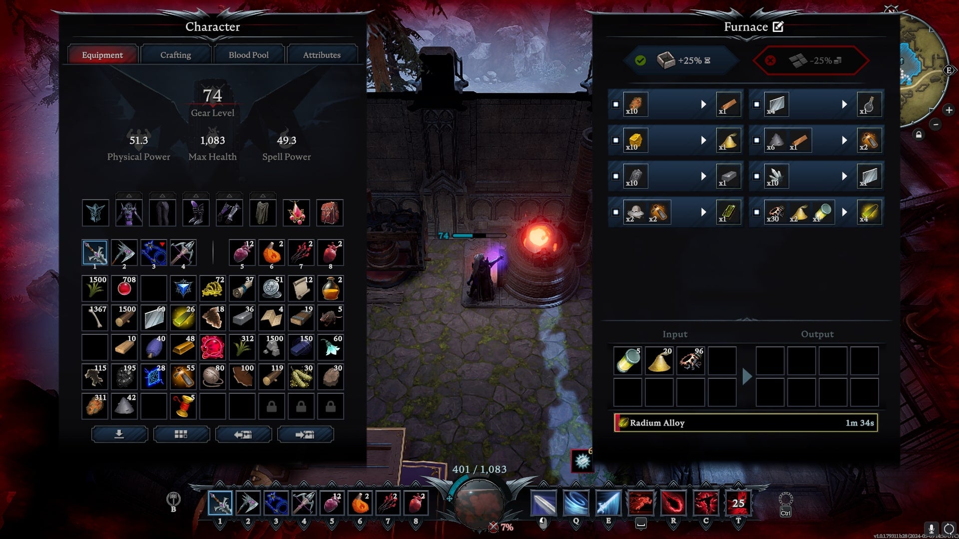 The player uses Sludge Filled Canisters, Sulphur, and Tech Scrap to craft Radium Alloy at a Furnace in V Rising - 5