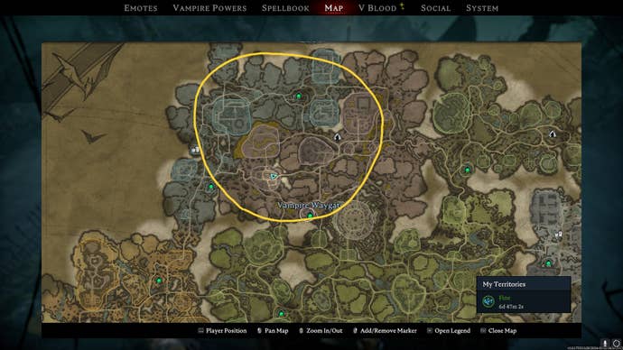The region of Gloomrot, where Radium Alloy can sometimes be found in containers, is circled on the V Rising map