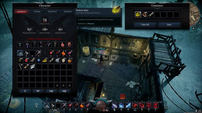 The player character in V Rising finds Radium Alloy in a chest in someone’s home in south Gloomrot