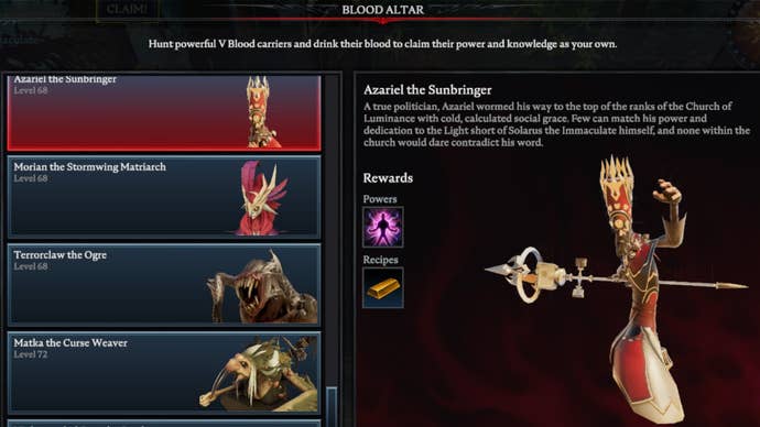 V Rising Azariel the Sunbringer Blood Altar tracking page, showing an image of the priest on the right and a list of bosses on the left