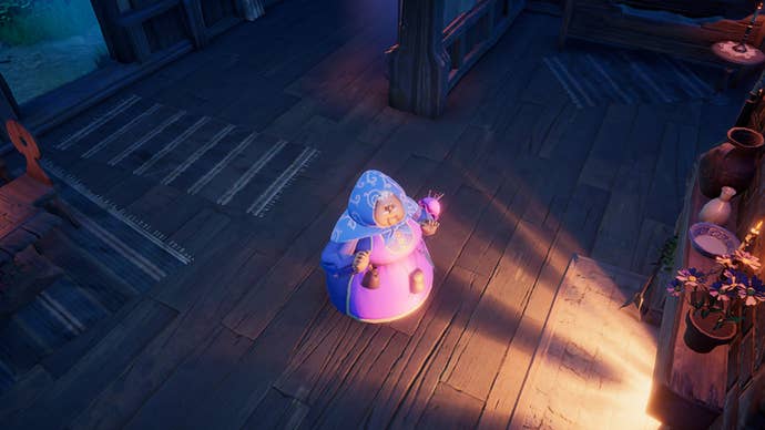 V Rising image showing Beatrice the Tailor standing by a fireplace in her home