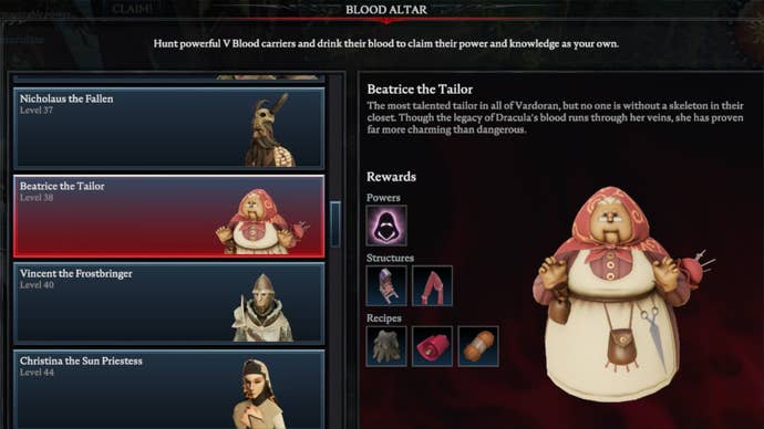 V Rising Beatrice the Tailor Blood Altar tracking page, showing an image of an elderly woman on the right and a list of bosses on the left