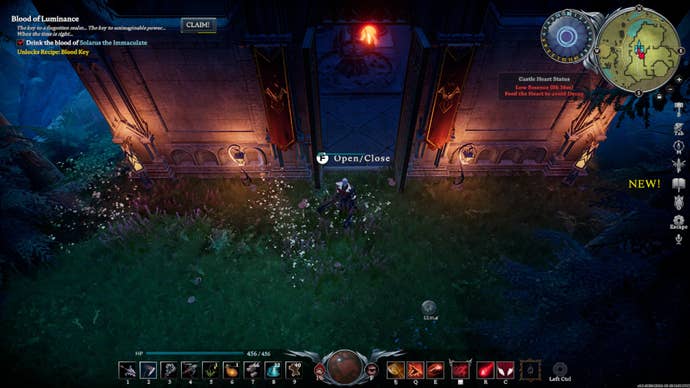 V Rising vampire standing in a dark forest near a dimly lit castle gate