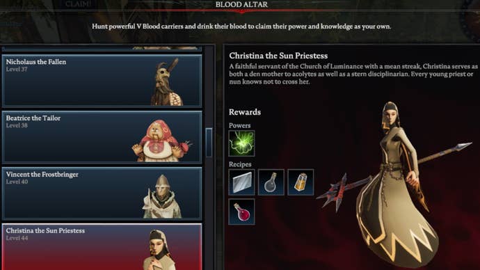 V Rising Christina the Sun Priestess Blood Altar tracking page, showing an image of the priestess on the right and a list of bosses on the left