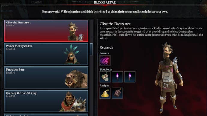 V Rising Clive the Firestarter Blood Altar tracking page, showing an image of the firestarter wearing a balaclava on the right and a list of bosses on the left
