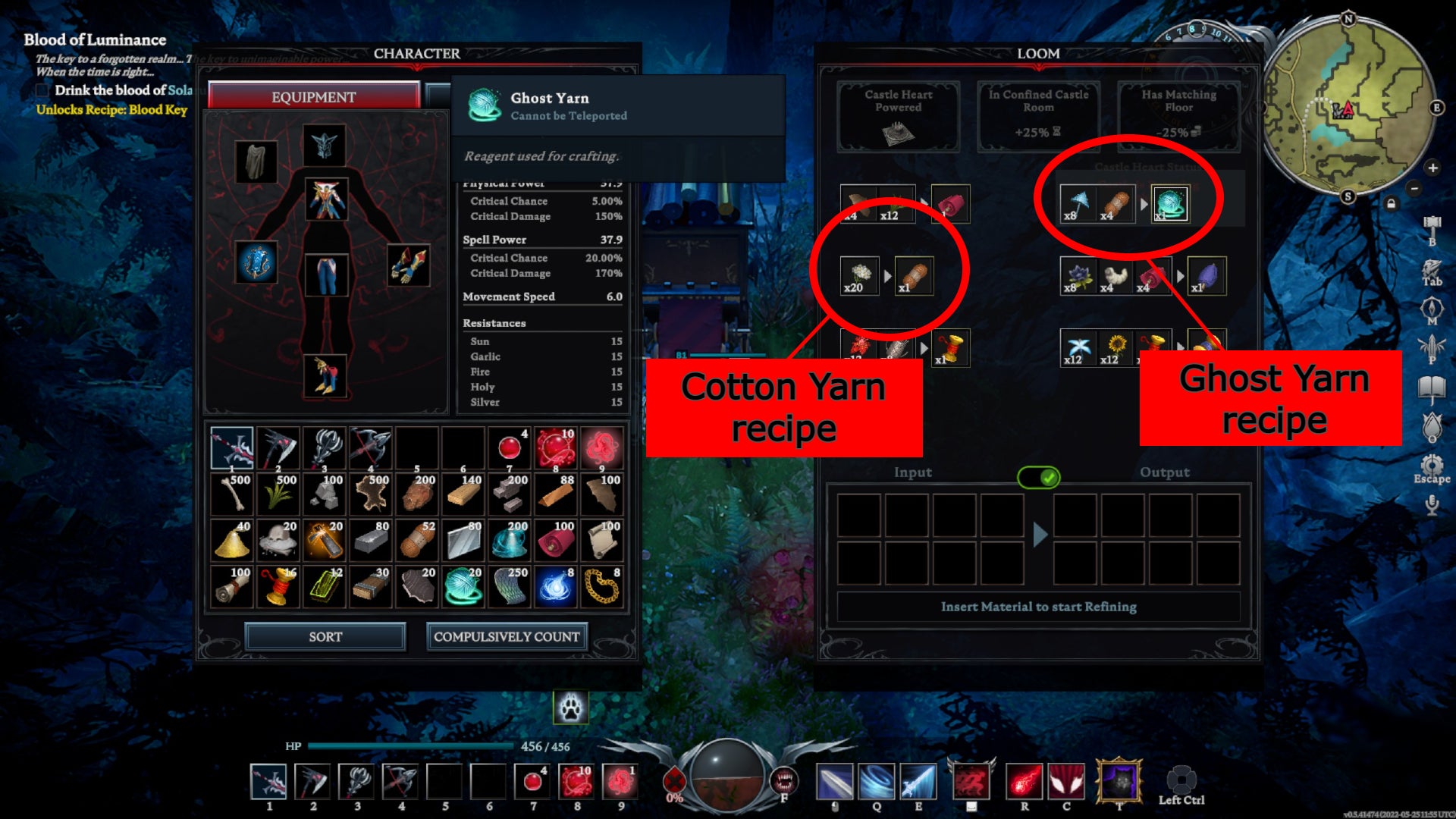 V Rising screenshot showing the Loom interface, with the Ghost Yarn and Cotton Yarn recipes circled in red. - 6