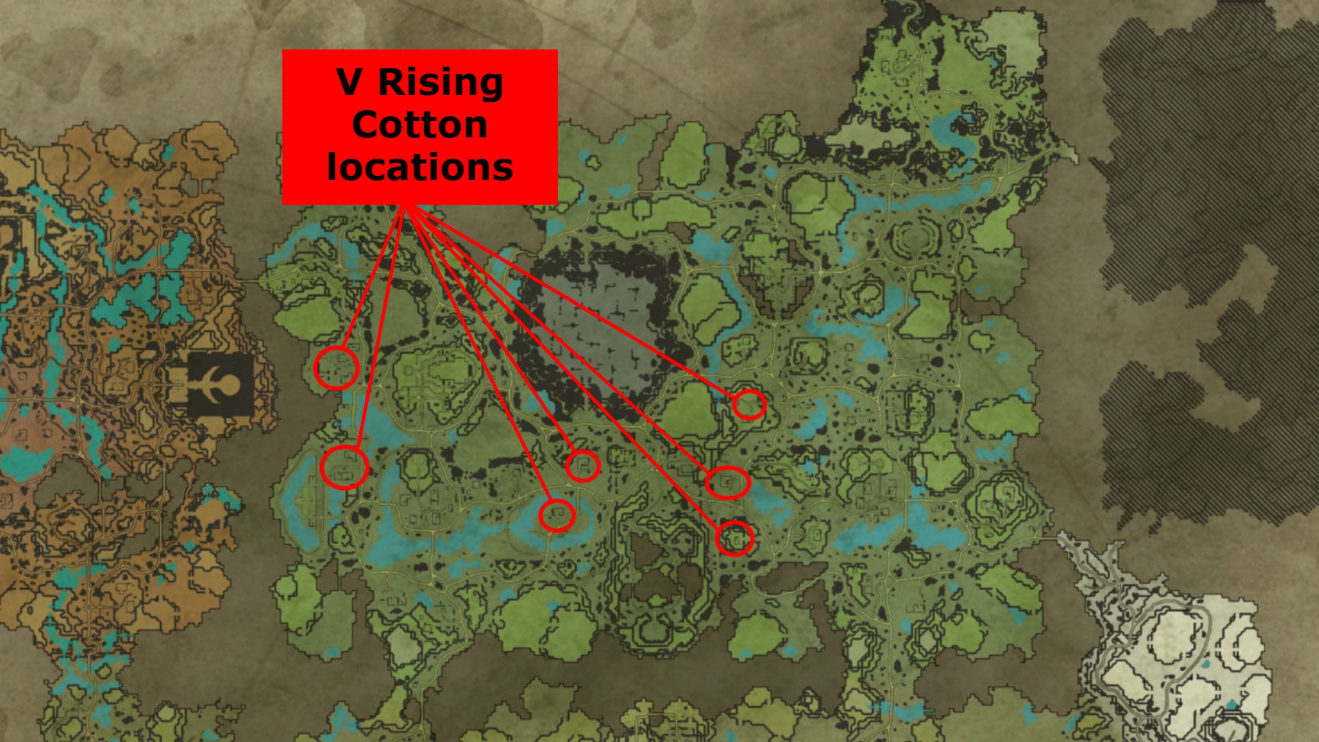 V Rising map with red lines pointing to circled locations that mark where to find Cotton.