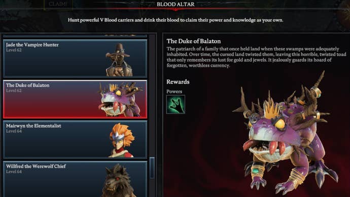 V Rising Duke of Balaton Blood Altar tracking page, showing an image of the cursed frog on the right and a list of bosses on the left