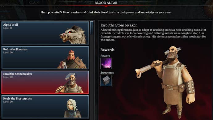 V Rising Errol the Stonebreaker Blood Altar tracking page, showing an image of the stonebreaker on the right and a list of bosses on the left