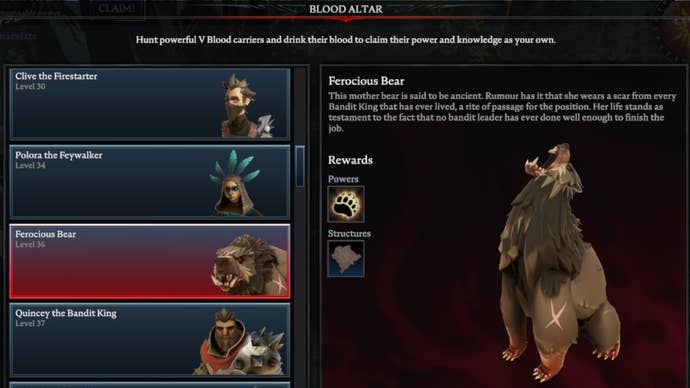 V Rising Ferocious Bear Blood Altar tracking page, showing an image of the roaring ferocious bear on the right and a list of bosses on the left