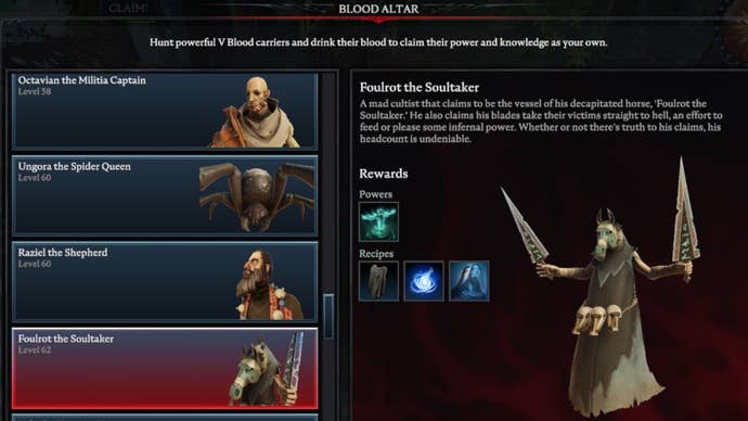 V Rising Foulrot the Soultaker Blood Altar tracking page, showing an image of the masked cultist on the right and a list of bosses on the left