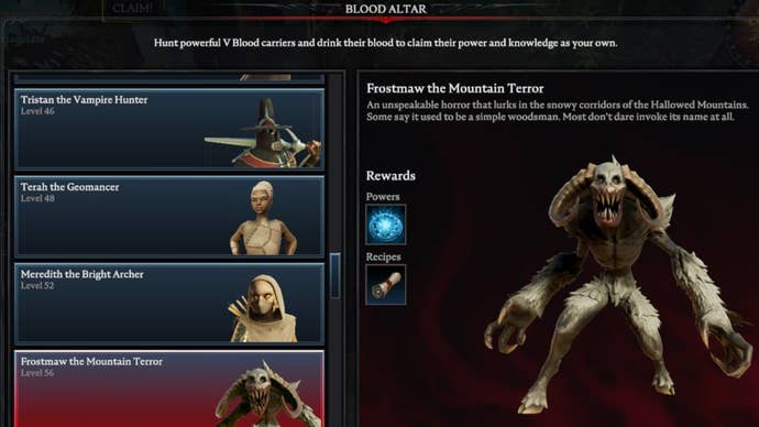 V Rising Frostmaw the Mountain Terror Blood Altar tracking page, showing an image of the snarling monstrosity on the right and a list of bosses on the left