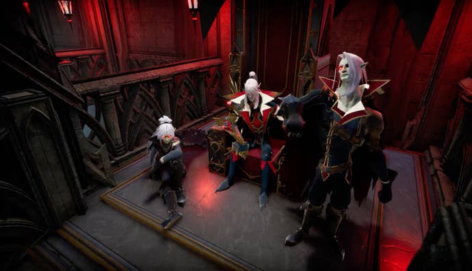 Three vampires sit atop a flight of stairs in a screenshot for V Rising’s Secrets Of Gloomrot trailer