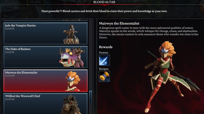 V Rising Mairwyn the Elementalist Blood Altar tracking page, showing an image of the spellcaster on the right and a list of bosses on the left