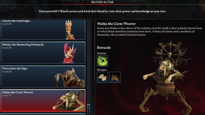 V Rising Matka the Curse Weaver Blood Altar tracking page, showing an image of the witch on the right and a list of bosses on the left