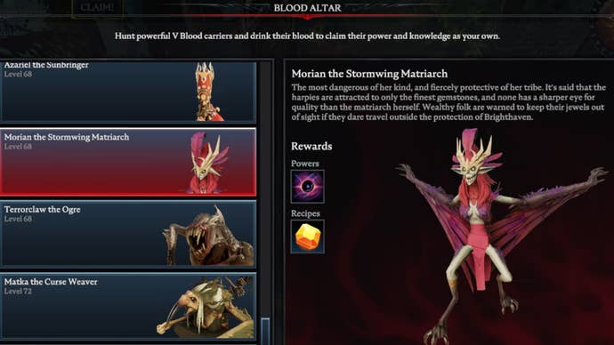 V Rising Morian the Stormwing Matriarch Blood Altar tracking page, showing an image of the harpy on the right and a list of bosses on the left