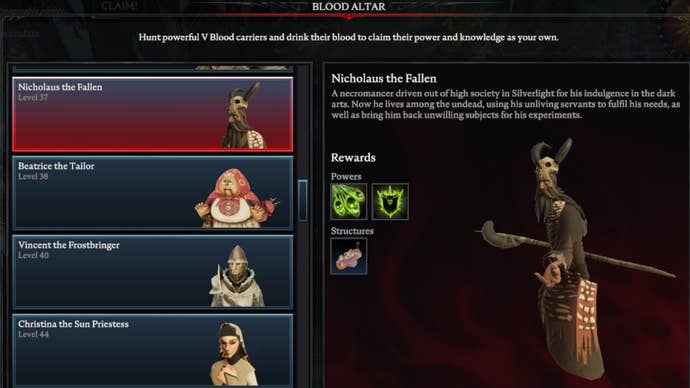 V Rising Nicholaus the Fallen Blood Altar tracking page, showing an image of the necromancer on the right and a list of bosses on the left