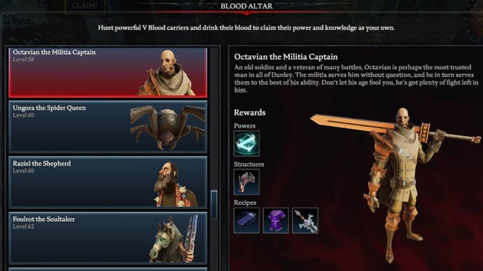 V Rising Octavian the Militia Captain Blood Altar tracking page, showing an image of the soldier on the right and a list of bosses on the left