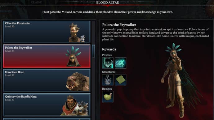 V Rising Polora the Feywalker Blood Altar tracking page, showing an image of the Feywalker on the right and a list of bosses on the left