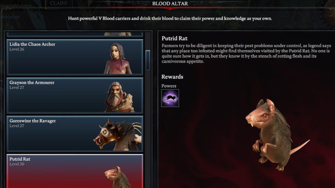 V Rising Putrid Rat Blood Altar tracking page, showing an image of the putrid rat with red eyes on the right and a list of bosses on the left
