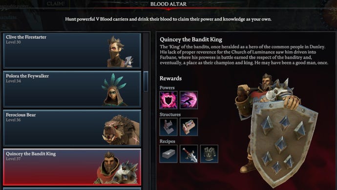V Rising Quincey the Bandit King Blood Altar tracking page, showing an image of the king wielding a large shield on the right and a list of bosses on the left