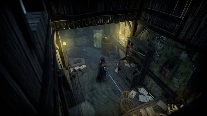 The player character stands inside of someone’s home in the Gloomrot area in V Rising
