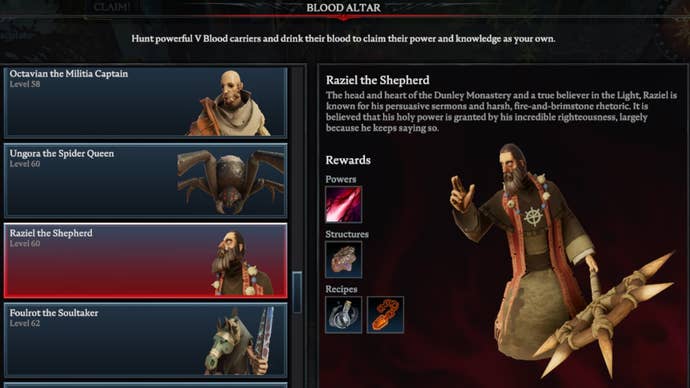 V Rising Raziel the Shepherd Blood Altar tracking page, showing an image of the priest on the right and a list of bosses on the left