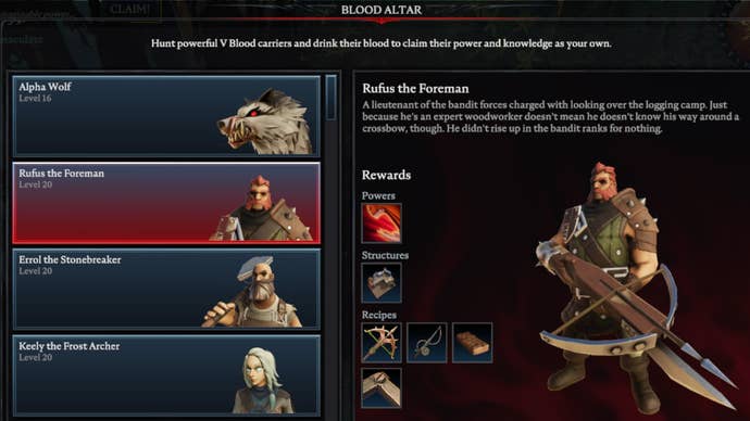 V Rising Rufus the Foreman Blood Altar tracking page, showing an image of the foreman on the right and a list of bosses on the left