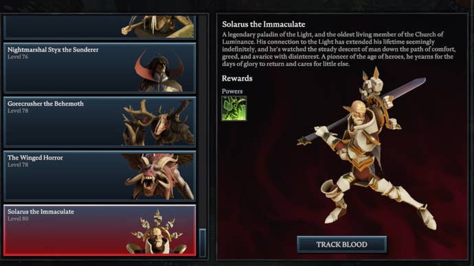 V Rising Solarus the Immaculate Blood Altar tracking page, showing an image of the paladin on the right and a list of bosses on the left