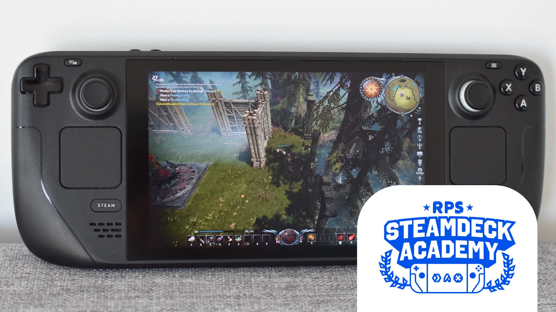 V Rising running on a Steam Deck. The RPS Steam Deck Academy logo is added in the bottom right corner.