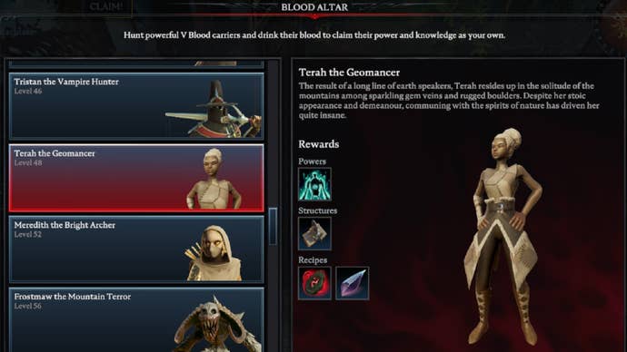 V Rising Terah the Geomancer Blood Altar tracking page, showing an image of the geomancer on the right and a list of bosses on the left