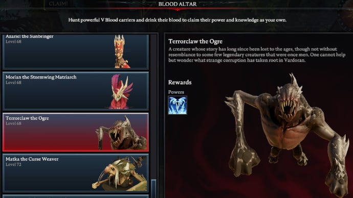 V Rising Terrorclaw the Ogre Blood Altar tracking page, showing an image of the corrupted creature on the right and a list of bosses on the left